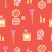 Cute simple seamless pattern with face powder, eyeshadow palette, perfume in the bottle. Endless backdrop with cosmetic products for make up for wrapping paper, fabric, scrapbook. Hand drawn clipart vector