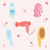 linda mano dibujado conjunto con secador de pelo, diferente peines, botella de champú o acondicionador y contento mujer con ondulado pelo en diferente sombras de rosado. sencillo dibujos animados con productos para el pelo cuidado vector