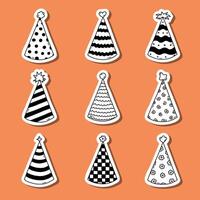 Set of stickers with hand drawn birthday doodle for planners, notebooks. Ready for print list of cute stickers with party cone. Simple birthday party hat in black and white with hand drawn outline vector