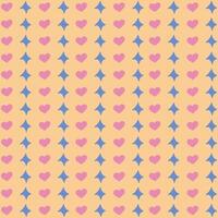 Cute seamless pattern with hearts and stars in groovy style. Geometric backdrop with retro design for wrapping, poster, fabric, scrapbook. Digital paper with simple colorful cartoon illustration. vector