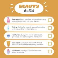 Beauty checklist about skin care with cute hand drawn illustrations. Reminder of the right care sequence for beautiful and healthy face. Checklist is perfect for planners, notebook vector