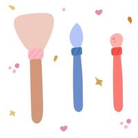 Cute simple cartoon set with brushes for cosmetic. Make up brushes and sponge for powder, eyeshadow, face highlighter, blusher, rouge. colorful doodle isolated on background vector