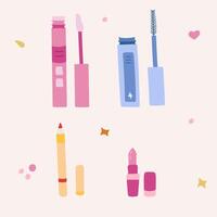 Cute hand drawn set with lipstick, eyebrow pencil, lipstick pencil, mascara, lip gloss. Colorful stylized clipart about beauty care, cosmetic. Can be used for stickers, social media, posters vector