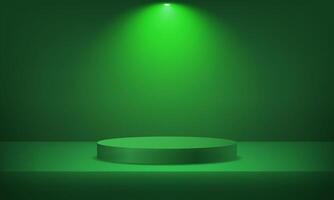 Green cylinder pedestal podium. 3d podium minimal abstract background. Template mock up for display of product, Business backdrop. Empty room with light effect. illustration. vector