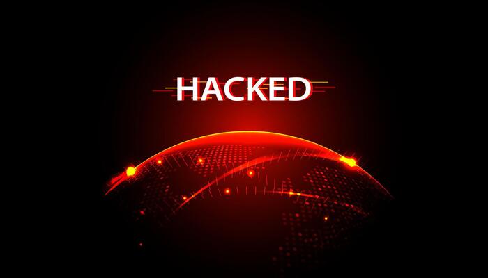 Red globe showing hacked systems, interface, holograms, worldwide attacks, concept on modern technology background, futuristic