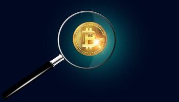 imagen de un aumentador vaso y bitcoins mirando a el idea de minería bitcoins, comprando más, o coleccionar y buscando para a ellos. vector