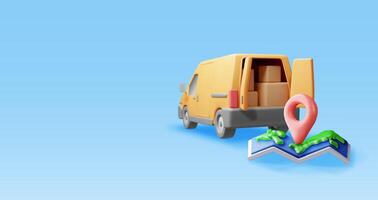 3D delivery van and cardboard boxes and map. Render express delivering services commercial truck. Concept of fast and free delivery by car. Cargo and logistic. Realistic illustration vector