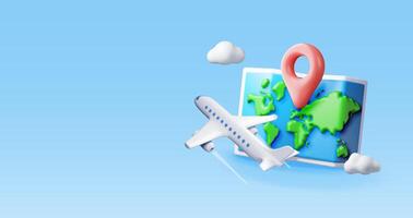 3D airplane in clouds and paper map. Render world travelling by plane. World map with location pin. Time to travel concept, holiday planning. Tourist worldwide transportation. illustration vector