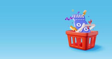 3d shopping basket and coupon with percentage symbol. Render realistic shopping cart and colorful confetti around discount voucher. Sale discount clearance. Online retail shopping. illustration vector