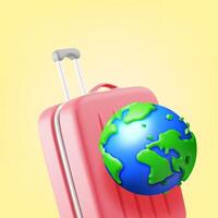 3d red suitcase with blue globe on top isolated on white. Render travel bag with planet earth. Travel inspired design element. Holiday or vacation. Transportation concept. Illustration vector