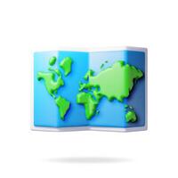 3D cartoon folded world map isolated on white. Render world map silhouette. Planet icon. Cartography and geography. Earth day, Holiday and travel, GPS location navigation service. Illustration vector