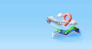 3D airplane in clouds and paper map. Render world travelling by plane. World map with location pin. Time to travel concept, holiday planning. Tourist worldwide transportation vector