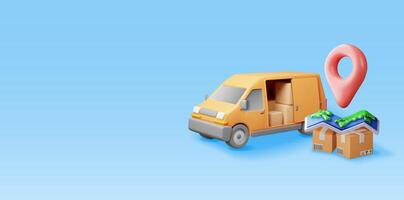 3D delivery van and cardboard boxes and map. Render express delivering services commercial truck. Concept of fast and free delivery by car. Cargo and logistics vector