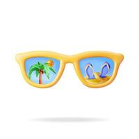 3D Sunglasses with Palm Trees and Beach Isolated. Render Summer Sunglasses with Beach Reflection. Concept of Summer Vacation or Holiday, Time to Travel. Beach Relaxation. Realistic Illustration vector