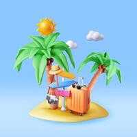 3d Island with Travel Bag, Palm Tree and Pointer. Render Photo Camera, Suitcase and Tropic Shore. Travel Element. Holiday or Vacation. Summer Transportation Concept. Illustration vector