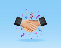 3D handshake gesture and confetti isolated. Render concept of shaking hands. Relations of partnership. Business people partners handshake. Successful transaction, agreement, deal. illustration vector