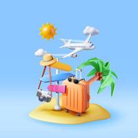 3d pequeño isla con maleta, palma árbol, puntero y avión. hacer viaje bolso foto cámara y sombrero. viaje inspirado diseño elemento. fiesta o vacaciones. transporte concepto. ilustración vector