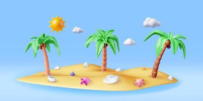 3D Landscape of Palm Tree on Beach. Render Tropical Island with Starfish. Sun with Clouds. Concept of Summer Vacation. Summer Holiday, Time to Travel. Beach Relaxation. Realistic Illustration vector