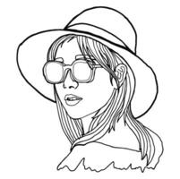 Summer Theme Beautiful Woman Wearing Sunglasses Line Art vector