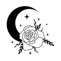 Celestial outline crescent moon with flowers and stars vector