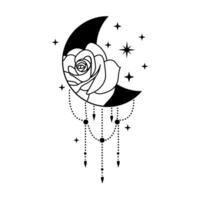 Celestial outline crescent moon with flowers and stars vector