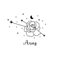 Aries zodiac sign with moon, flower and stars. Celestial constellation vector