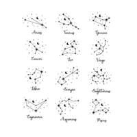 12 zodiac constellations set with moon and stars on white background vector