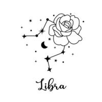 Libra zodiac sign with moon, flower and stars. Celestial constellation vector