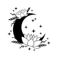 Celestial outline crescent moon with lotus and stars vector