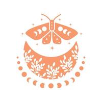 bohemian moon with butterfly and moon phase vector