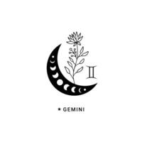 Gemini zodiac sign with moon phase and flower vector