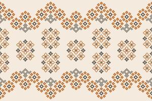 Traditional ethnic motifs ikat geometric fabric pattern cross stitch.Ikat embroidery Ethnic oriental Pixel brown cream background. Abstract,,illustration. Texture,scarf,decoration,wallpaper. vector