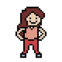 Cute pixel cartoon 8bit character woman exercises training alone lifestyle decoration life style 8 bit female girl exercise gym fitness warm up game fitness . vector