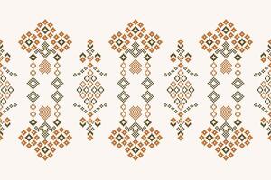 Traditional ethnic motifs ikat geometric fabric pattern cross stitch.Ikat embroidery Ethnic oriental Pixel brown cream background. Abstract,,illustration. Texture,scarf,decoration,wallpaper. vector