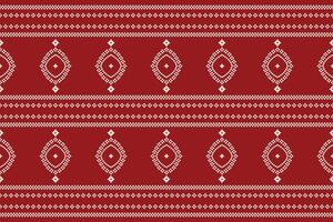 Traditional ethnic motifs ikat geometric fabric pattern cross stitch.Ikat embroidery Ethnic oriental Pixel red background. Abstract,,illustration. Texture,christmas,decoration,wallpaper. vector