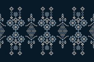 Traditional ethnic motifs ikat geometric fabric pattern cross stitch.Ikat embroidery Ethnic oriental Pixel navy blue background. Abstract,,illustration. Texture,scarf,decoration,wallpaper. vector