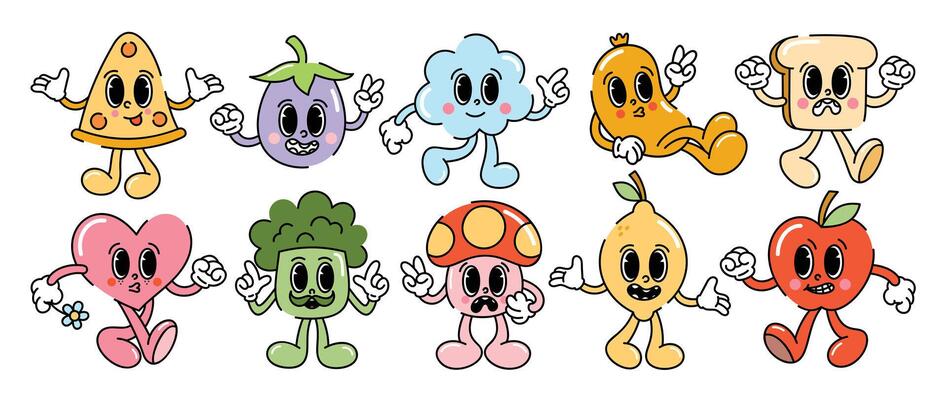 Set of 70s groovy element . Collection of cartoon characters, doodle smile face, pizza, cloud, heart, mushroom, bread, lemon. Cute retro groovy hippie design for decorative, sticker, kids.