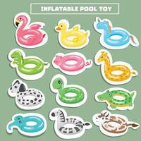 Swimming ring sticker set in animal shapes. Inflatable float, inflatable pool float clipart. Water lifebuoy. Summer element. Hello summer concept. Flat isolated on white background vector