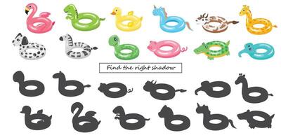 Find the right shadow game for kid. Swimming rings and shadows in cartoon style. Inflatable float, inflatable pool float clipart. Water lifebuoy. Flat isolated on white background. vector