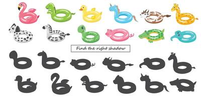 Find the right shadow game for kid. Swimming rings and shadows in cartoon style. Inflatable float, inflatable pool float clipart. Water lifebuoy. Flat isolated on white background. vector