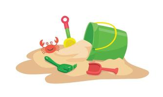 Cartoon sand bucket illustration with shovel and rake. Beach sand playing set. Summer element. Flat in cartoon style isolated on white background. vector