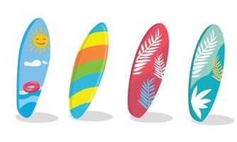 Surfboard set in tropical design. Surfing board or surfboard clip art. Hello summer concept. Summer element. Cartoon flat isolated on white background. vector