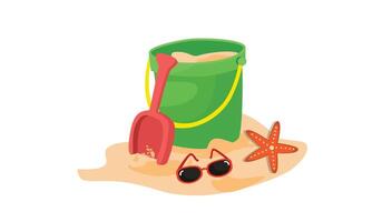 Cartoon sand bucket illustration with shovel and rake. Beach sand playing set. Summer element. Flat in cartoon style isolated on white background. vector