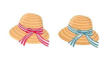 Straw hat with ribbon. Women summer hat illustration. Summer element. Cartoon flat isolated on white background. vector