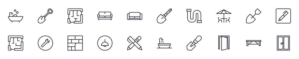 Set of symbols of house, repair, renovation. Editable stroke. Simple outline signs that perfect for banners, infographics, web sites vector