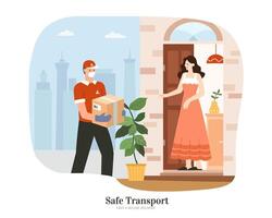 Courier with uniform and face mask delivering a parcel to home. Flat illustration. Concept of safe and clean delivery during COVID-19 outbreak. vector