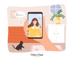 un mano participación inteligente teléfono a hacer llamada con un joven mujer. plano ilustración, concepto de en línea comunicación, chateando durante cuarentena vector