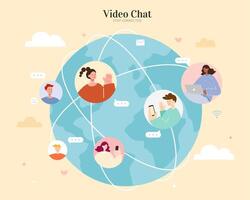 chatting with people from different locations on the earth to keep in touch and maintain communication. Flat illustration, concept of global network connection. vector