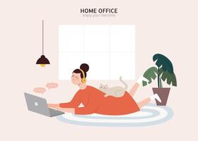 Woman with headphones lying on rug at home and watching s on laptop. Flat design of staying home or home office. vector