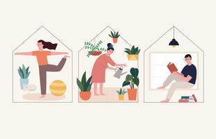 Flat illustration of staying home during quarantine. People doing different activities indoors, including exercising, watering plants and reading books. vector